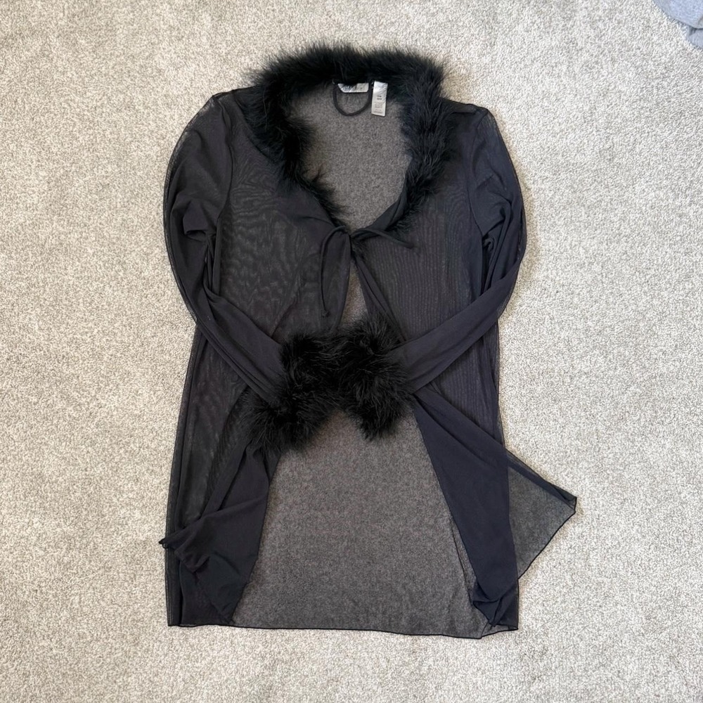 Y2K Delicates Black Faux Feather Mesh Tie Robe – Size S/M